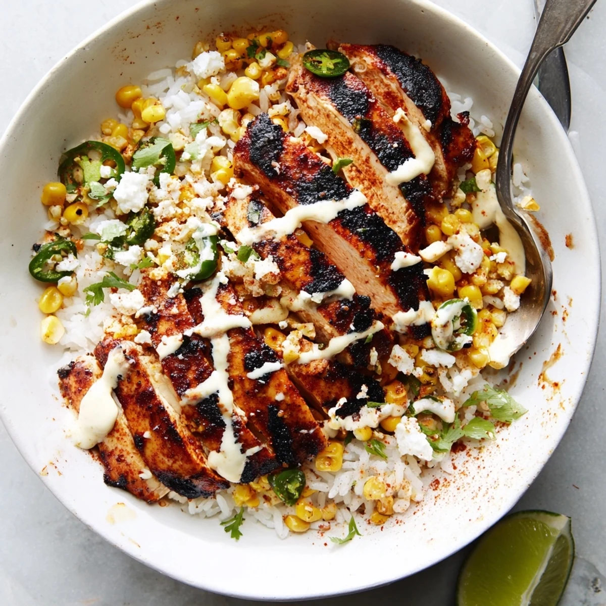 Charred corn and crumbled cotija atop a steamy street corn chicken rice bowl