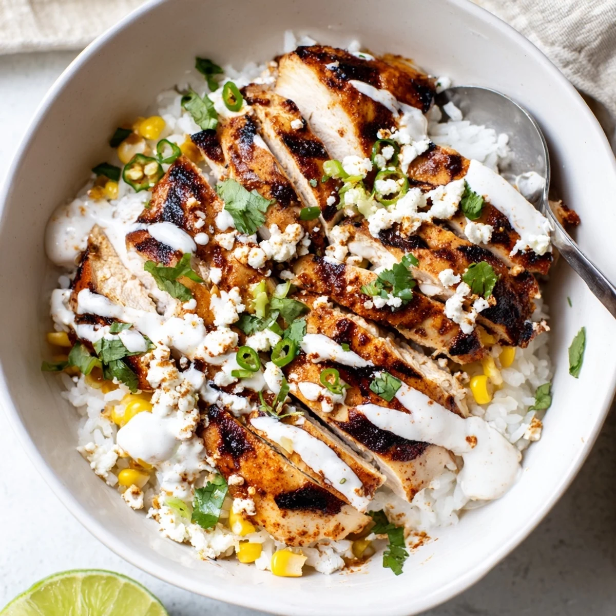 Creamy lime sauce drizzled over a plated street corn chicken rice bowl