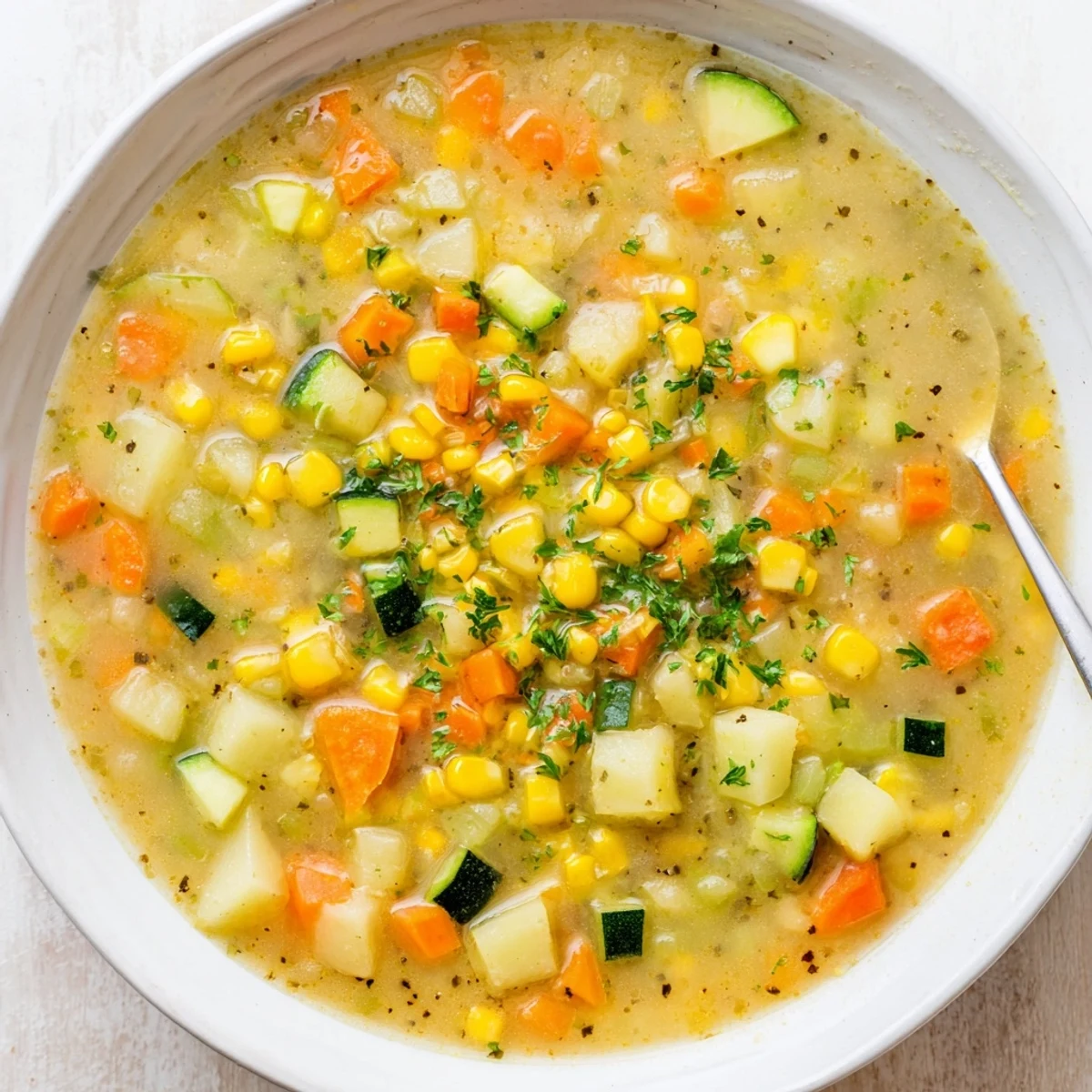 Steaming bowl of hearty potato corn zucchini soup garnished with fresh parsley.