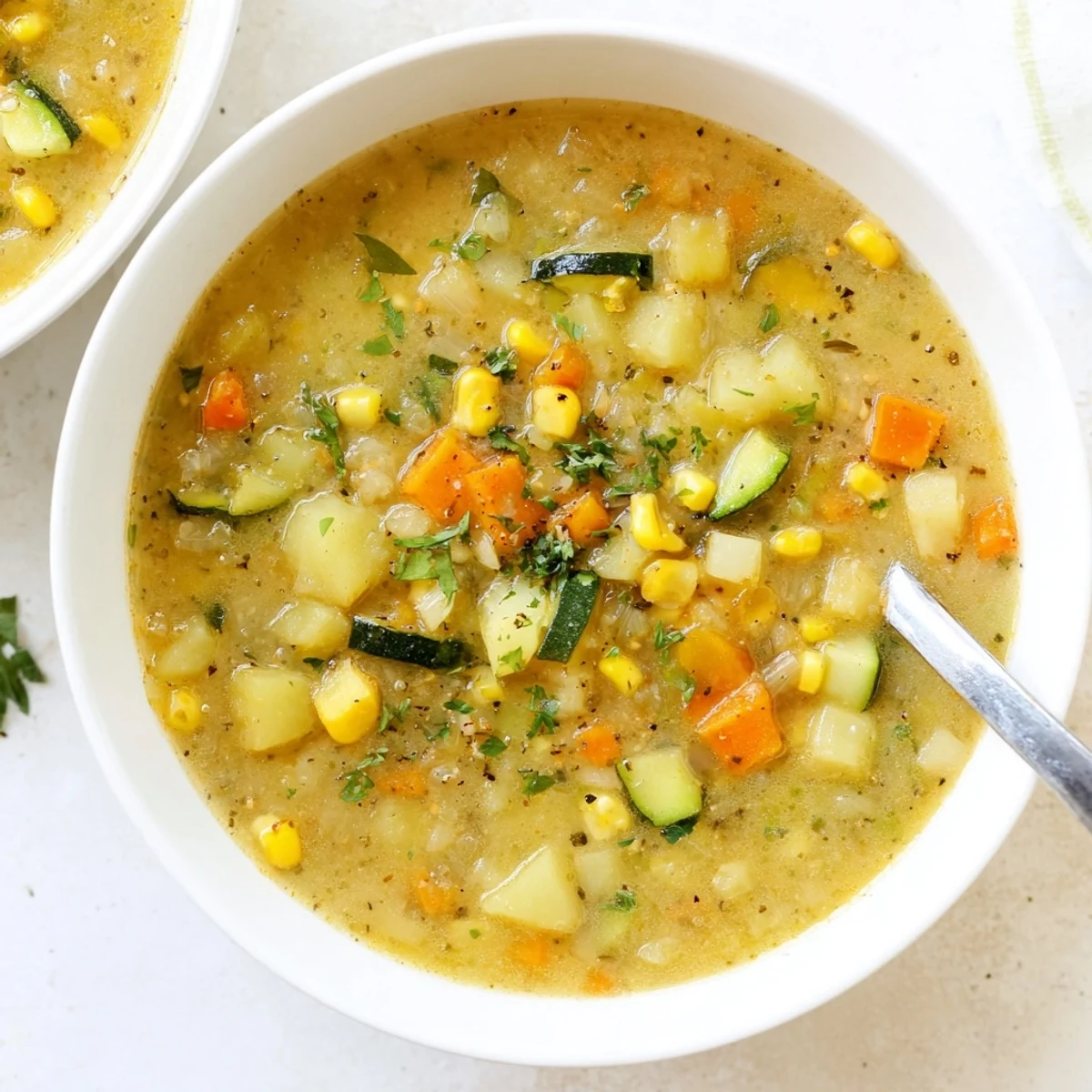 Thick creamy hearty potato corn zucchini soup with golden corn and tender vegetables.
