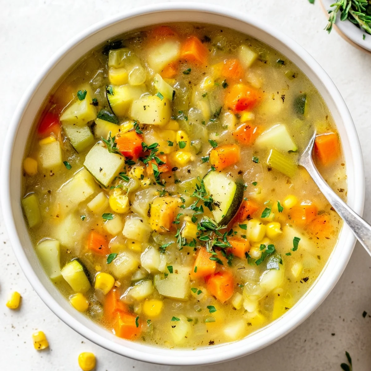 A cozy ladle of hearty potato corn zucchini soup served in a rustic bowl.