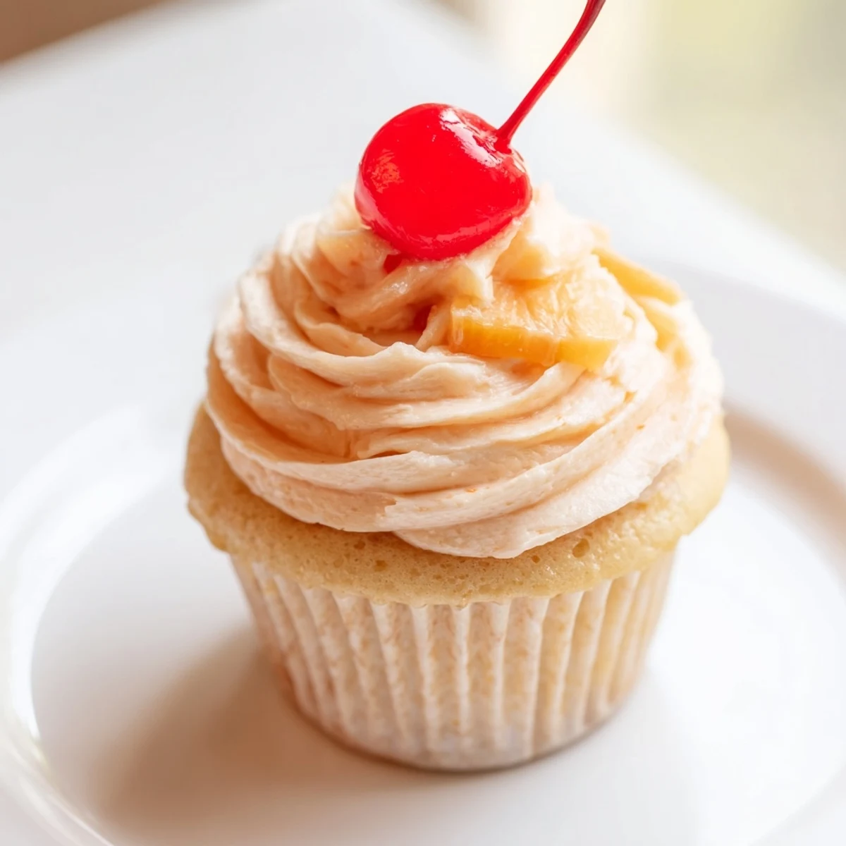 Tropical Dole Whip Cupcakes with fluffy yellow frosting piped on moist pineapple cake