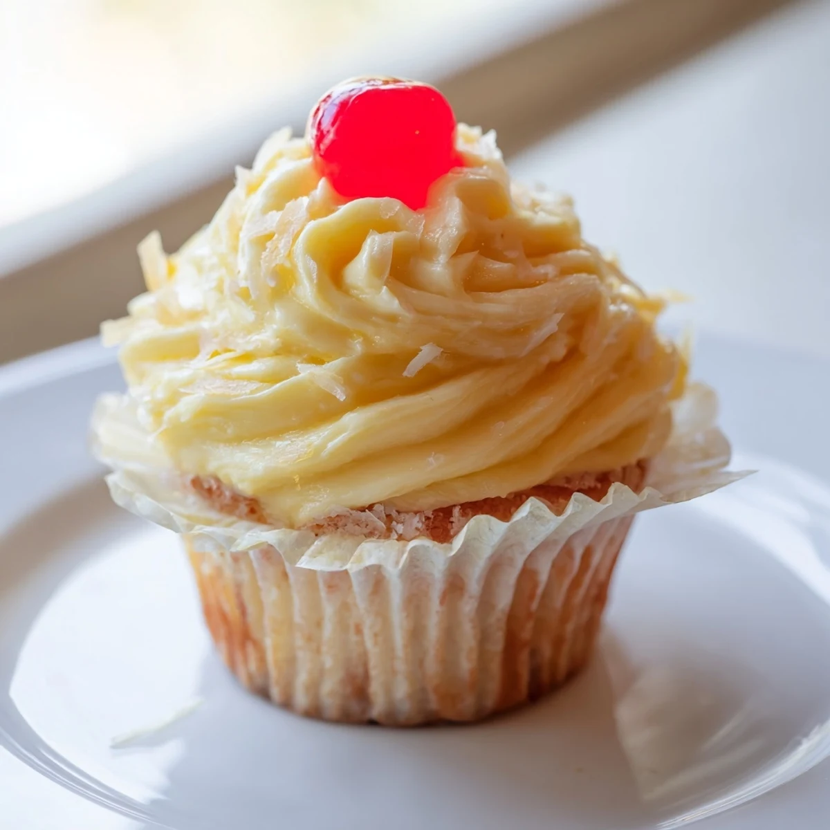 Golden Dole Whip Cupcakes topped with creamy pineapple whipped frosting and a cherry