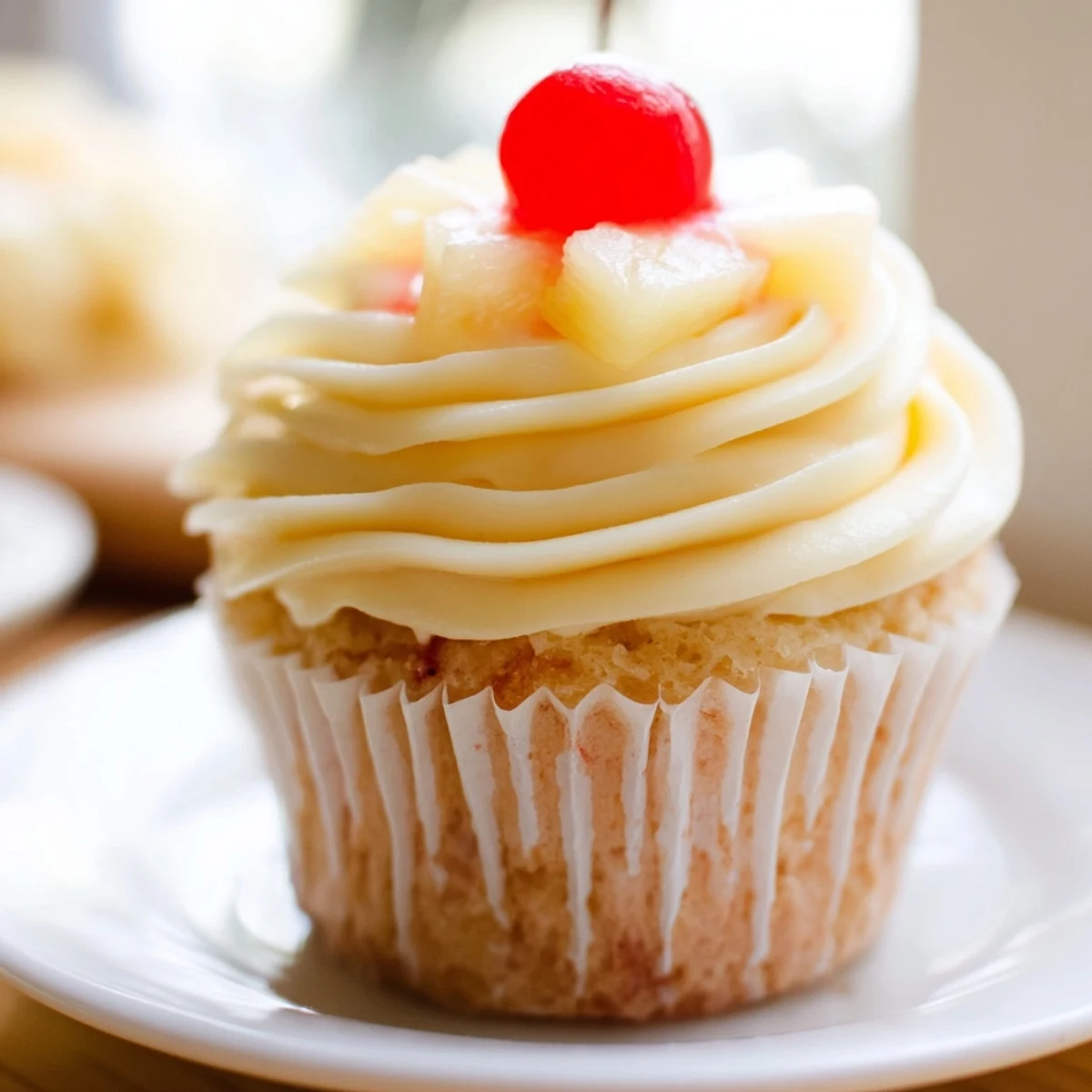 A tray of Dole Whip Cupcakes garnished with fresh pineapple wedges on white frosting