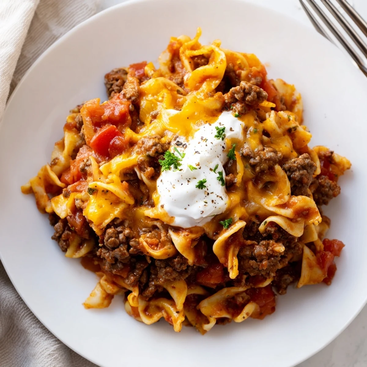 Beef Noodle Casserole bubbling with melted cheddar, tender beef and soft noodles.