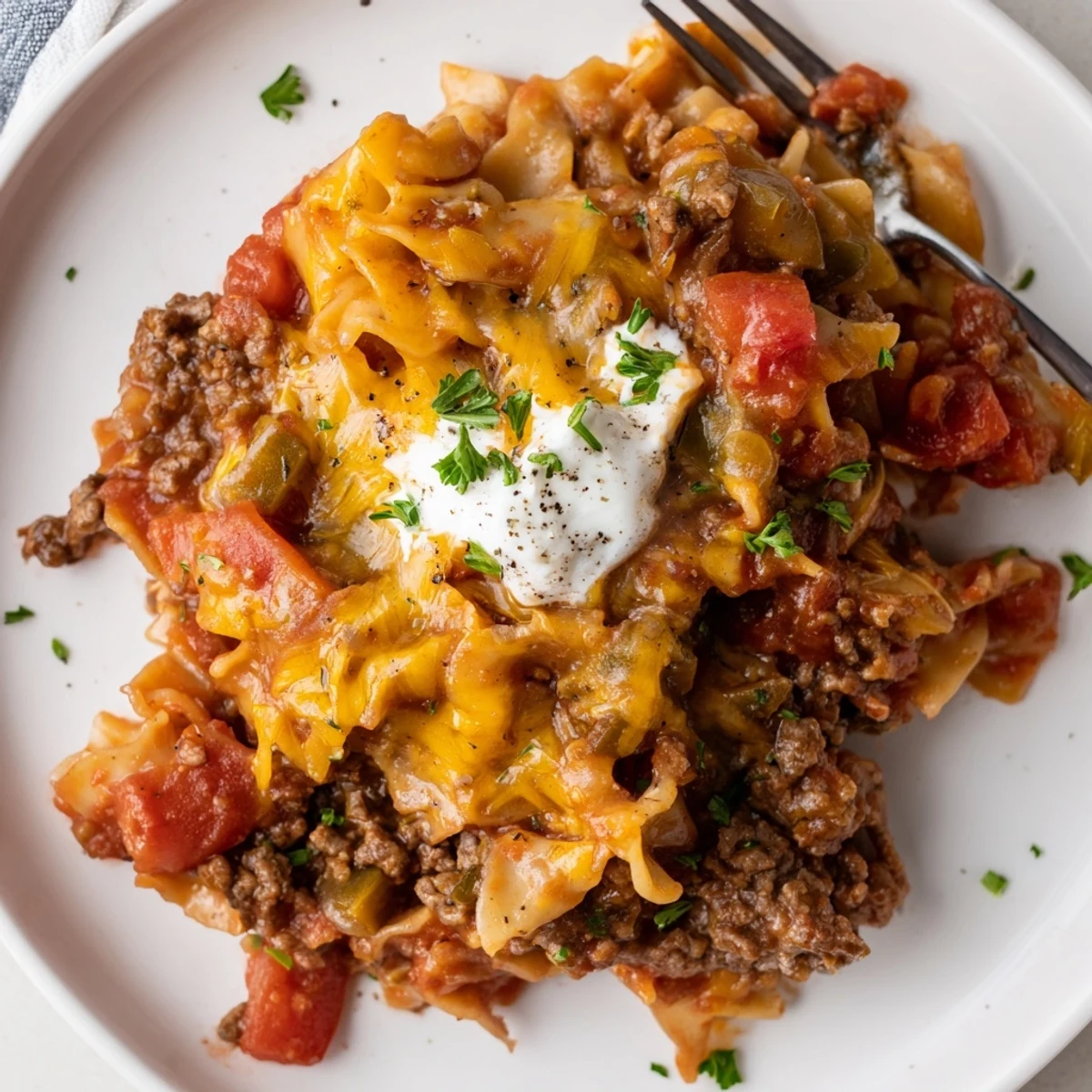 Oven baked Beef Noodle Casserole with golden cheese crust and parsley.