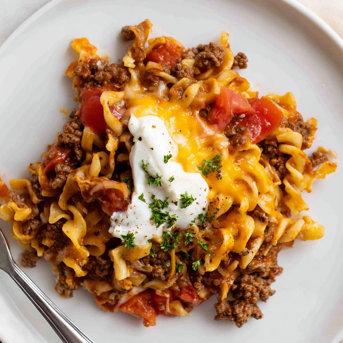 Hearty Beef Noodle Casserole steaming with tomato sauce aroma, perfect with garlic bread.