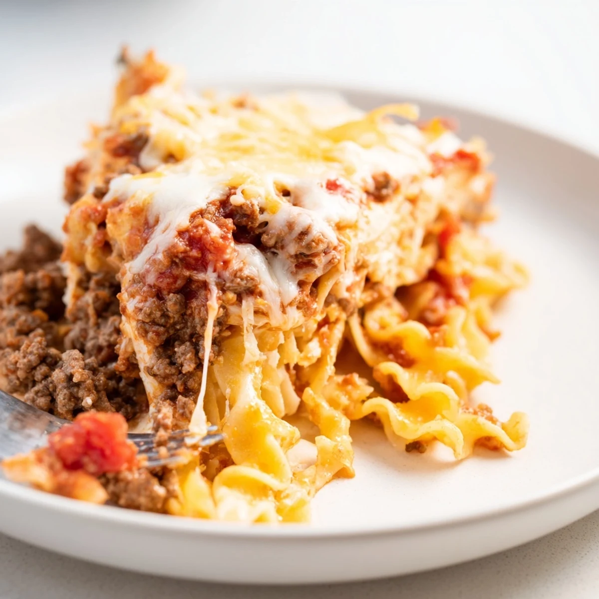 Beef Lombardi Casserole bubbling with melted cheddar, golden top, steaming slices