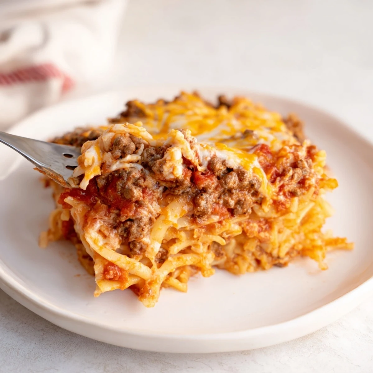 Spoonful of Beef Lombardi Casserole served with salad and crusty bread