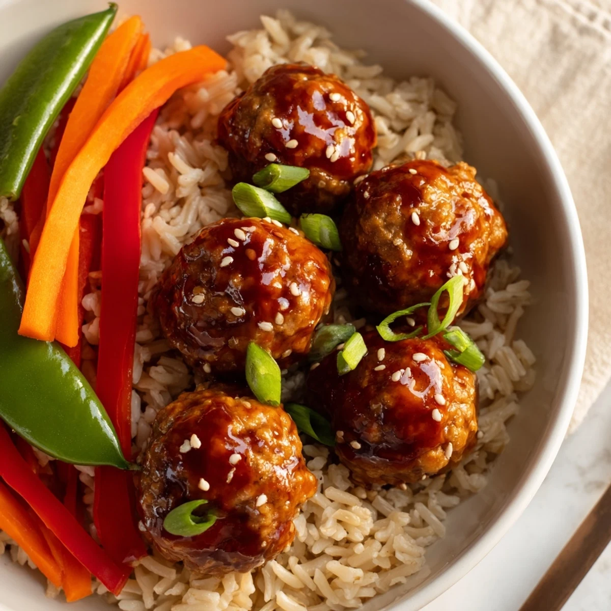 Plated Hello Fresh Firecracker Meatballs with crisp sauteed vegetables and sesame garnish
