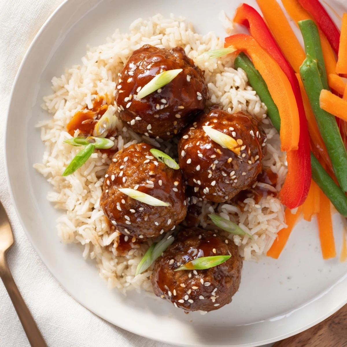 Hello Fresh Firecracker Meatballs glazed in glossy spicy sauce over fluffy jasmine rice