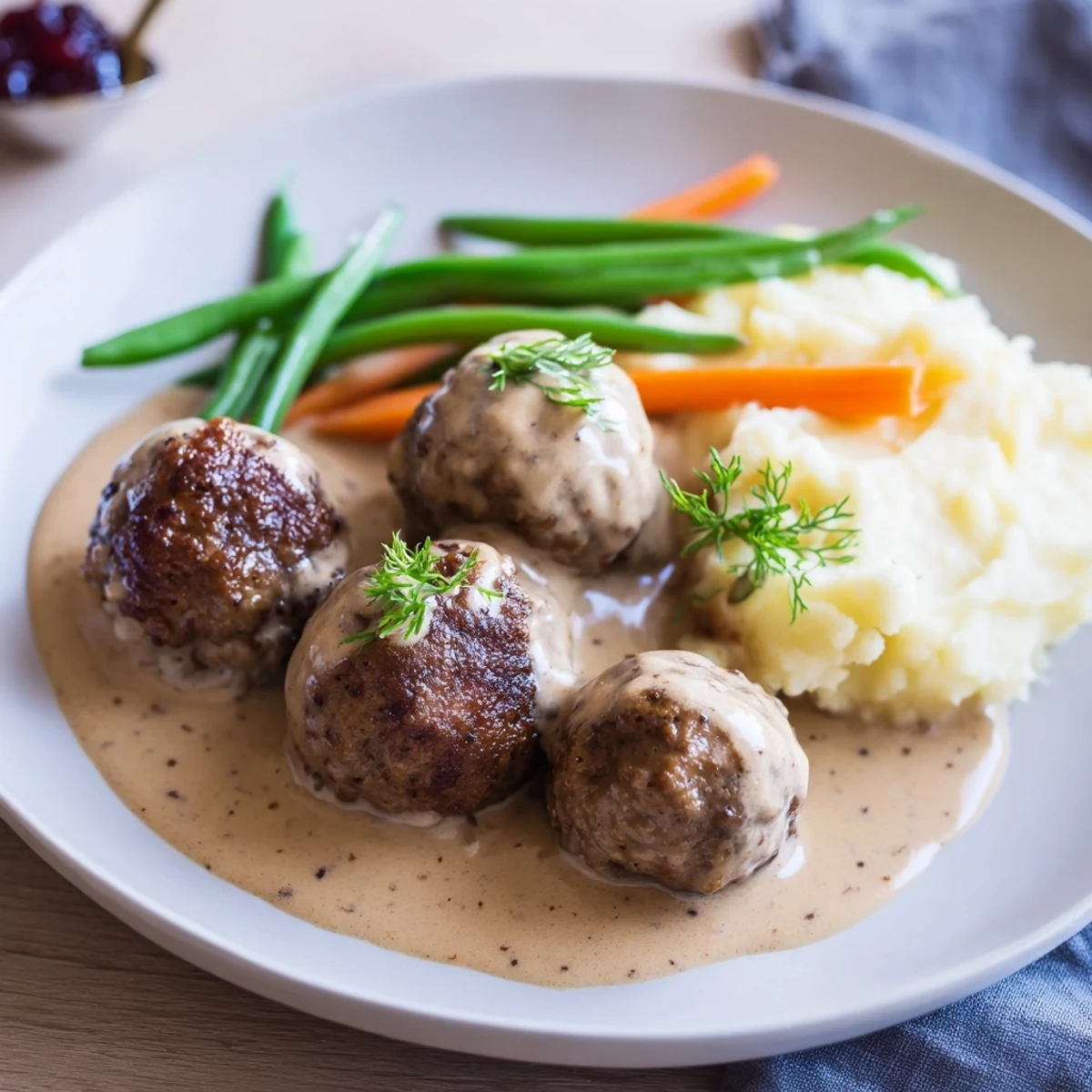Homemade Ikea Meatballs glistening in creamy gravy, served over mashed potatoes