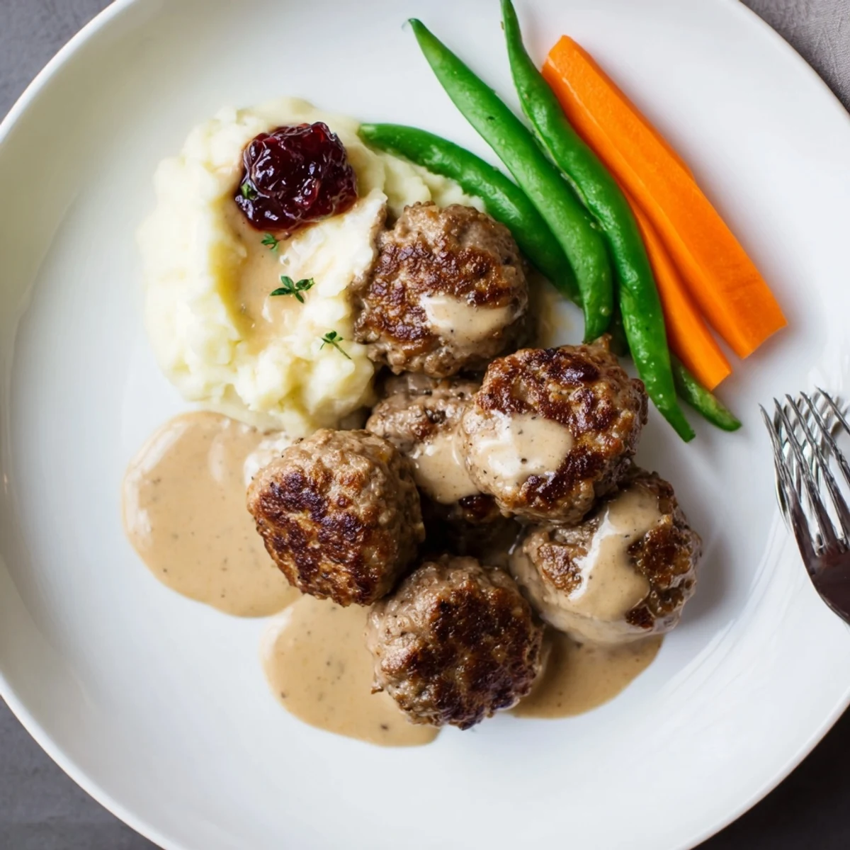 Homemade Ikea Meatballs spooned with gravy, paired with mashed potatoes and lingonberry
