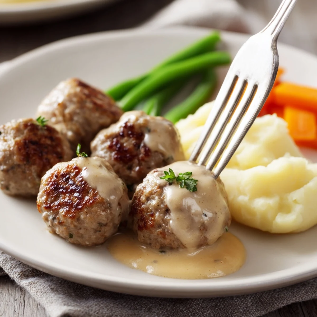Pan browned Homemade Ikea Meatballs nestled in rich cream sauce, steam rising
