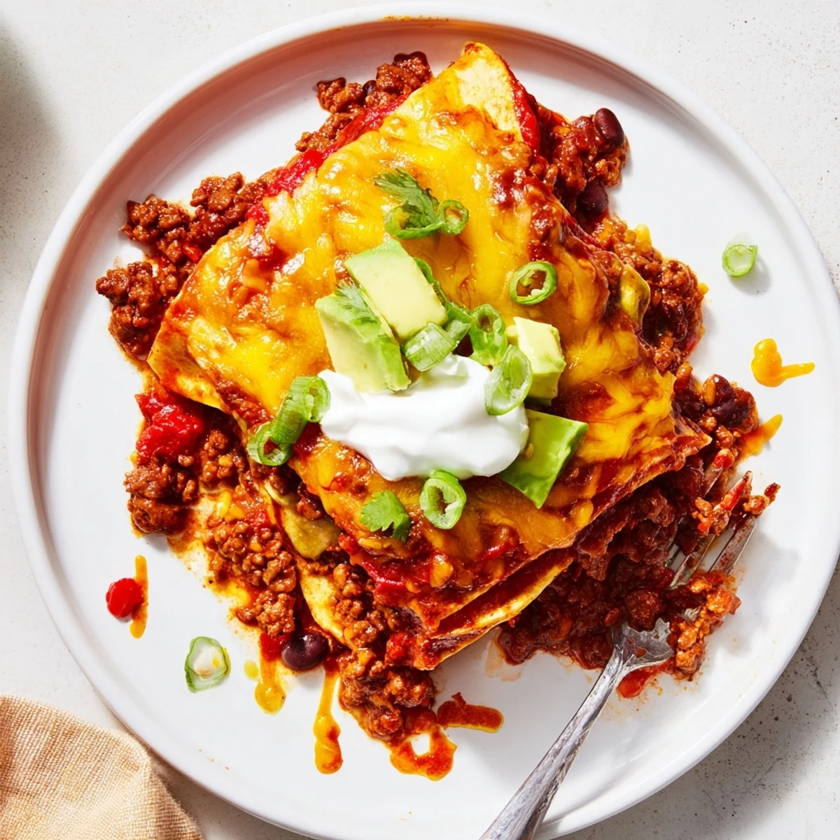 Beef Skillet Enchiladas with a bubbly golden top, black beans, and sour cream