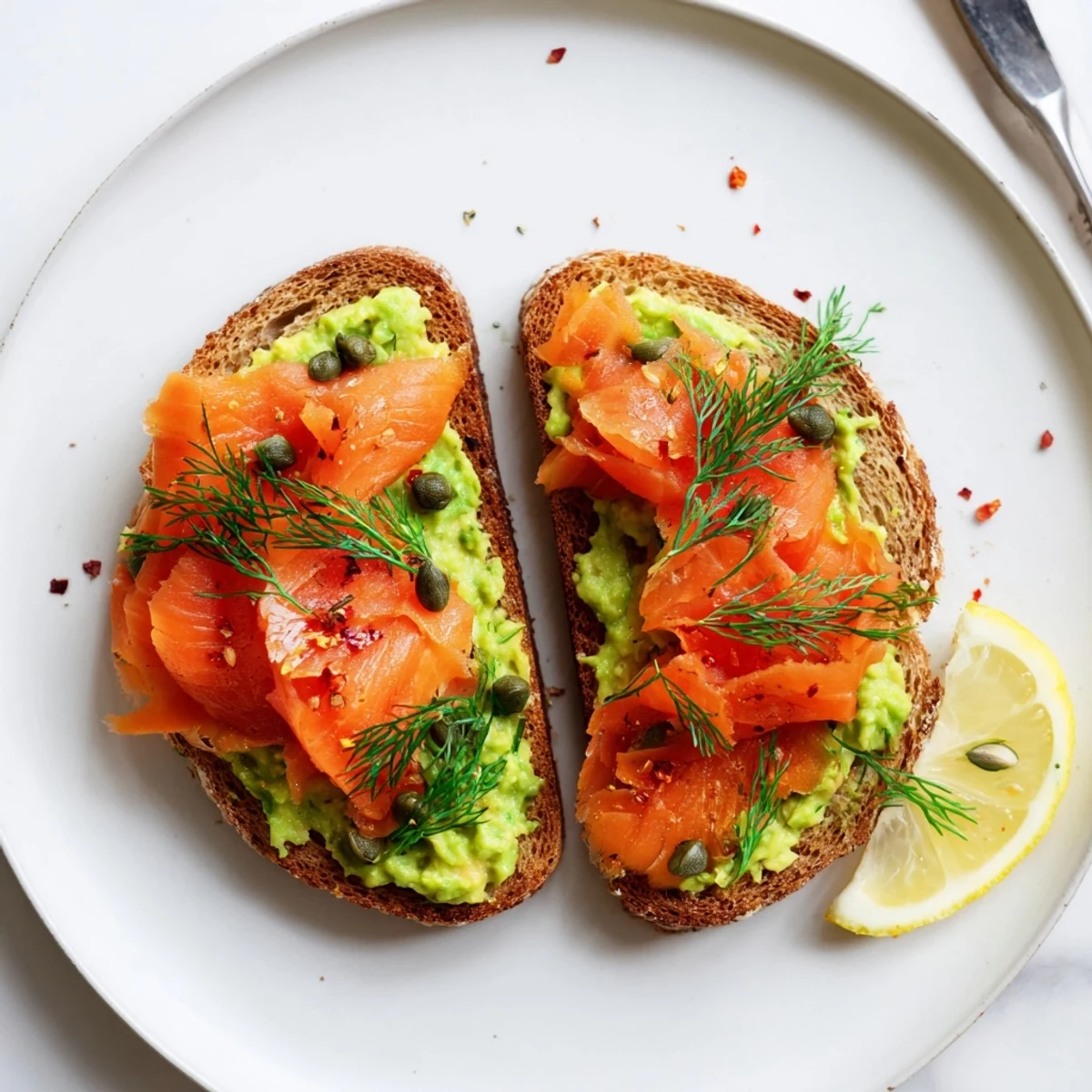 Brightly garnished toast with dill, capers, lemon, Salmon Avocado Toast for brunch