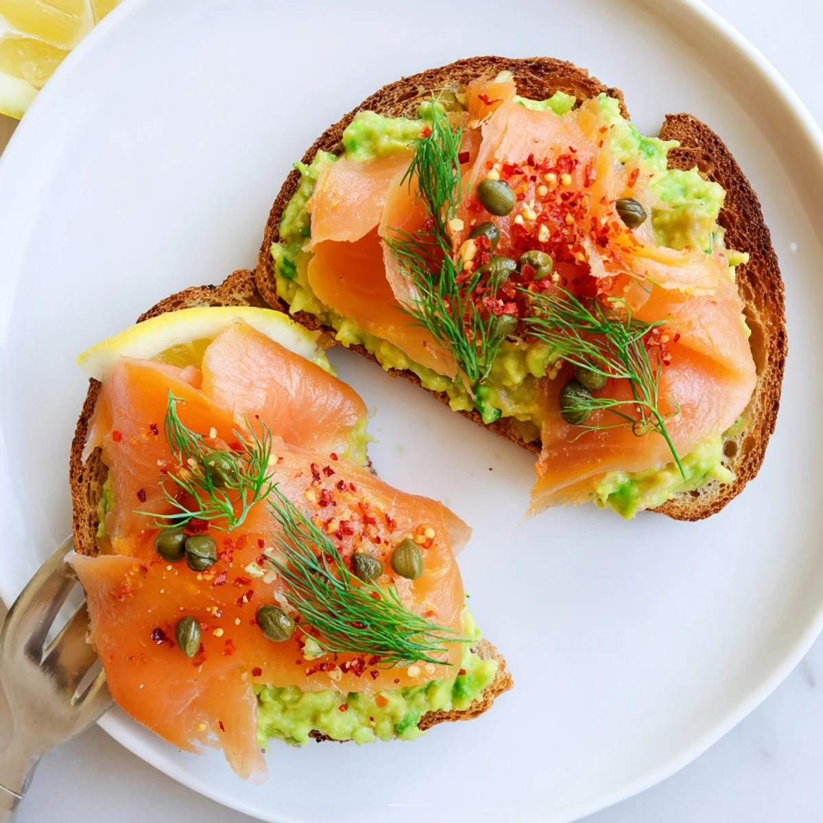 Toasted sourdough layered with creamy avocado and silky smoked salmon, Salmon Avocado Toast