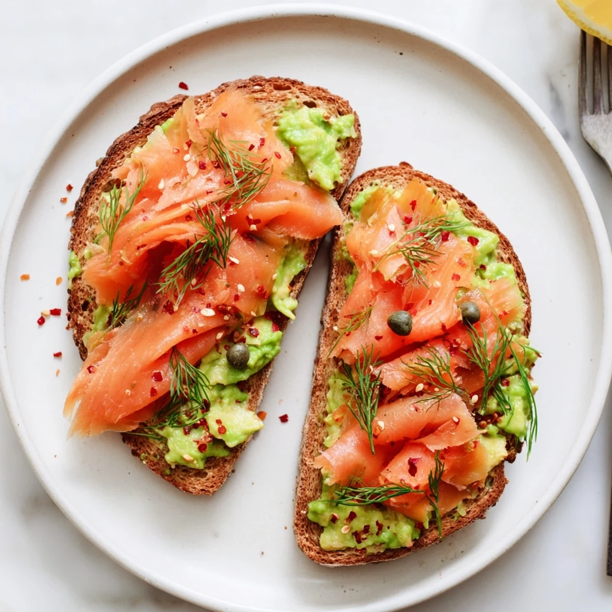Savory Salmon Avocado Toast topped with red pepper flakes and optional poached egg