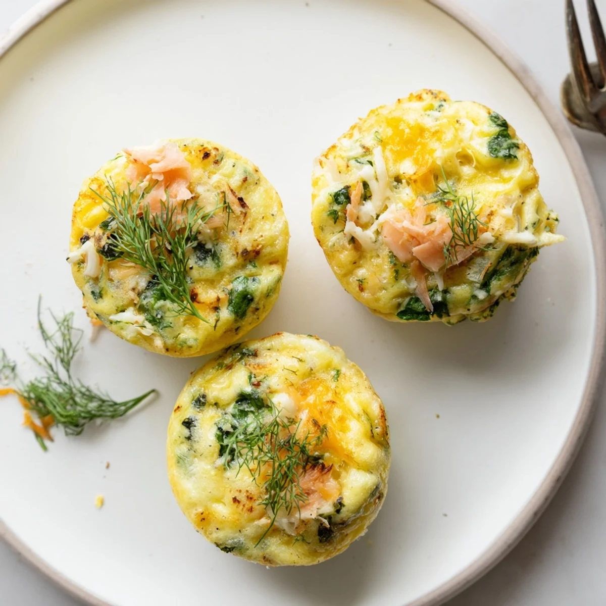 Smoked Salmon Egg Muffins with golden tops, tender centers, dill garnish
