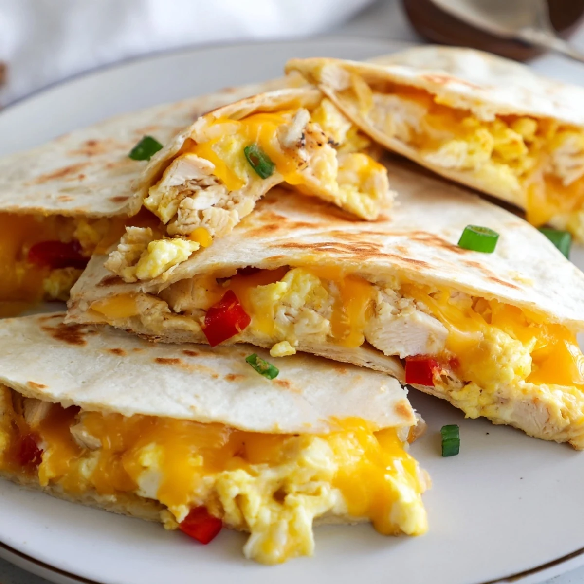 Skillet-toasted Chicken Breakfast Quesadilla served with avocado slices and tangy salsa.