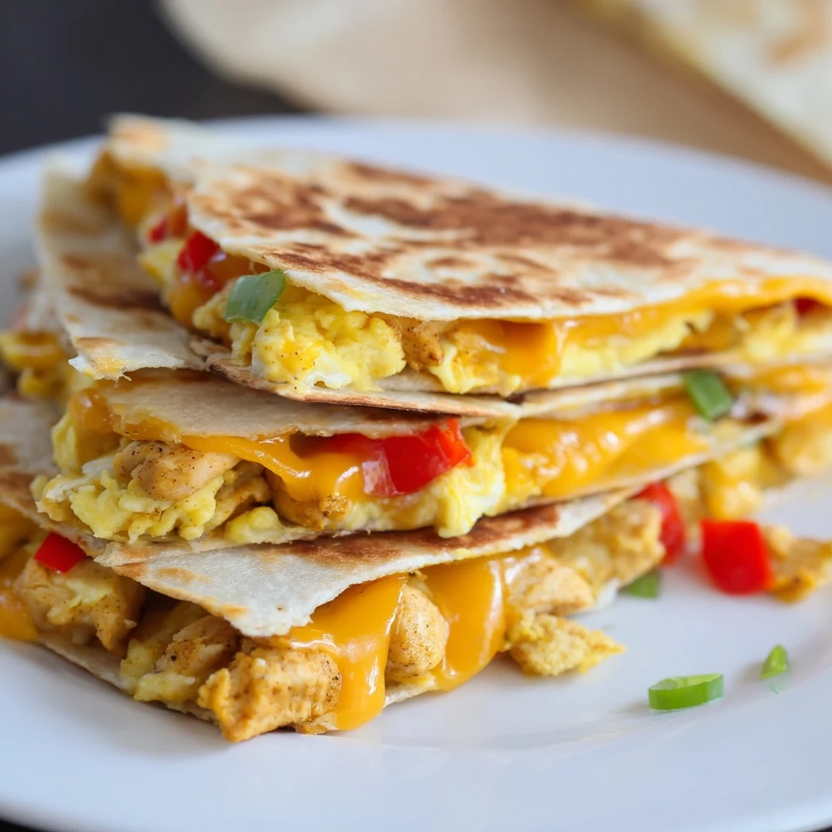 Stuffed Chicken Breakfast Quesadilla oozing melted Monterey Jack, smoky paprika aroma.
