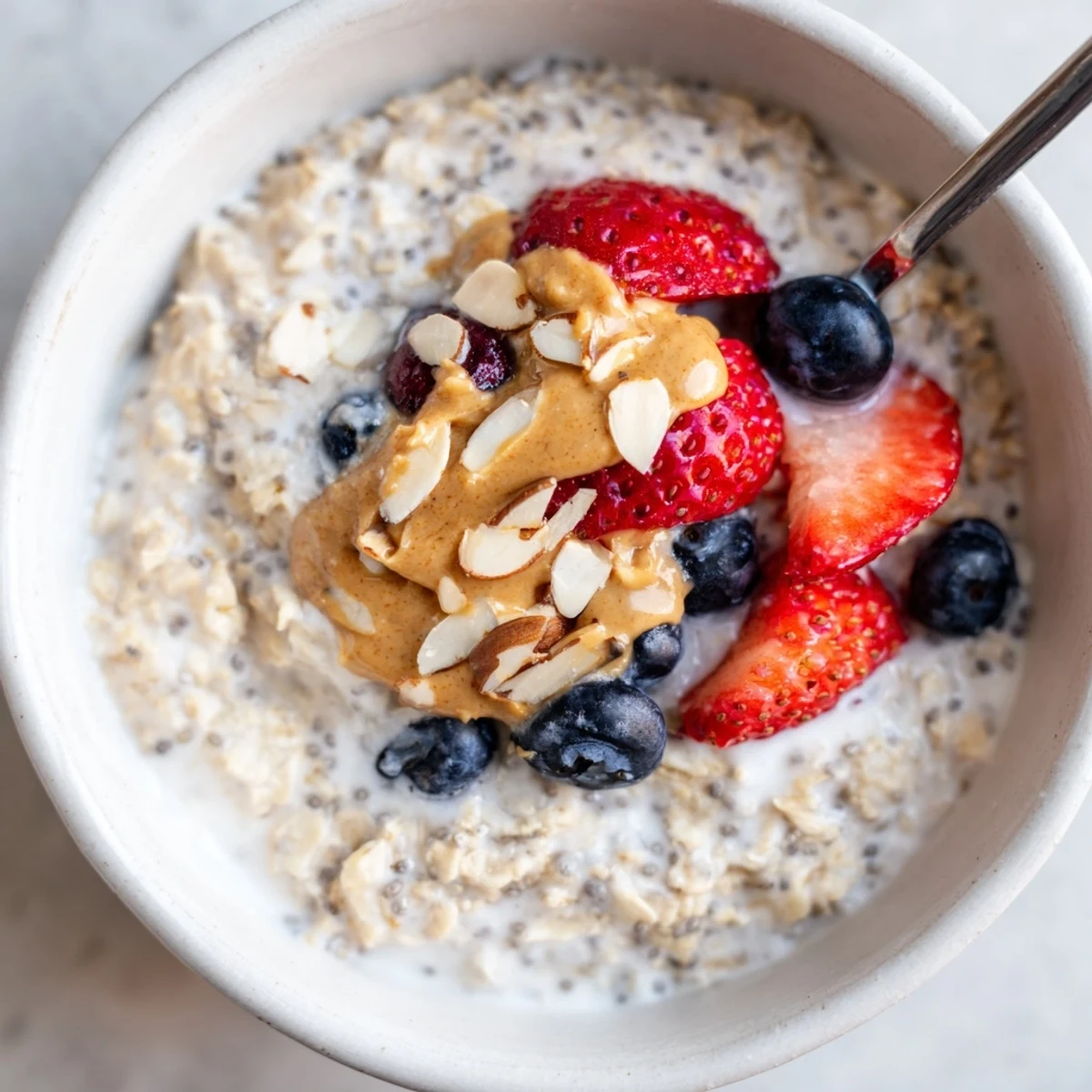 Protein Overnight Oats topped with fresh berries, creamy texture, chilled breakfast jar