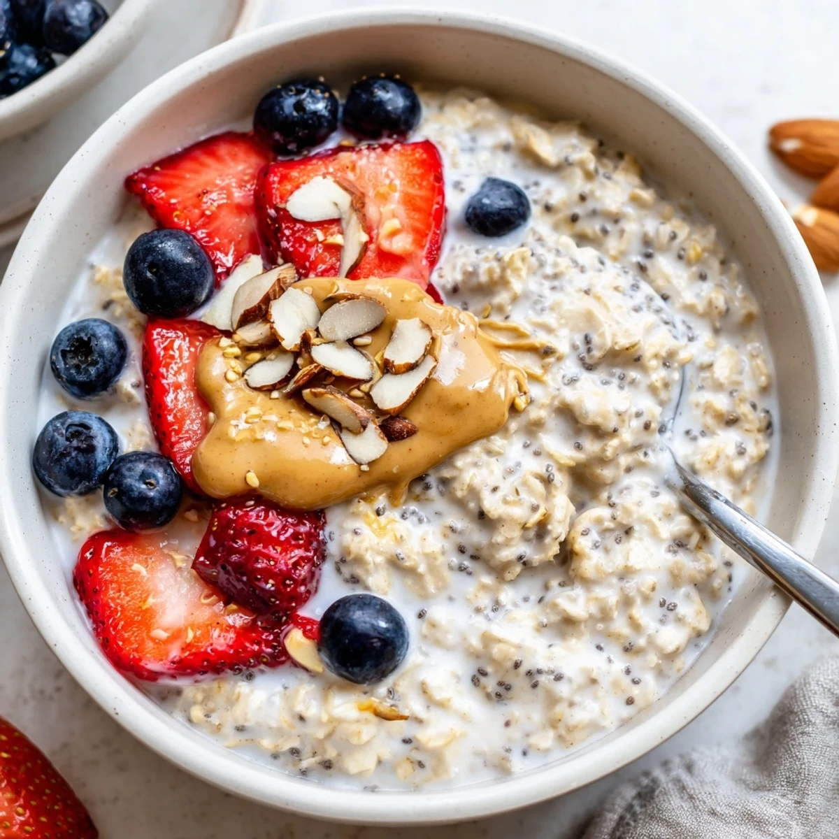 Vanilla Protein Overnight Oats with chia seeds, maple sweetness, spoon-ready