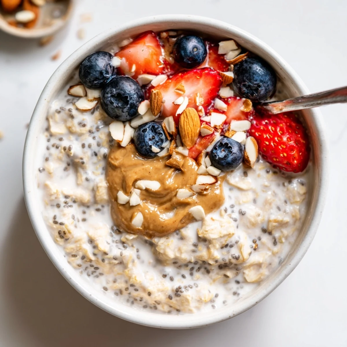 Creamy Protein Overnight Oats layered in jar, nut butter swirl, morning fuel