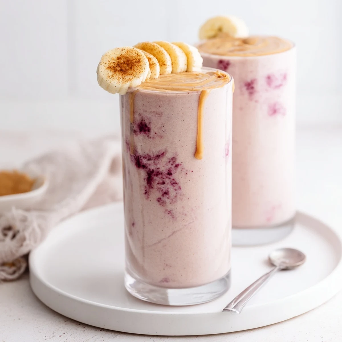 High Protein Smoothie poured into two glasses, creamy and chilled  