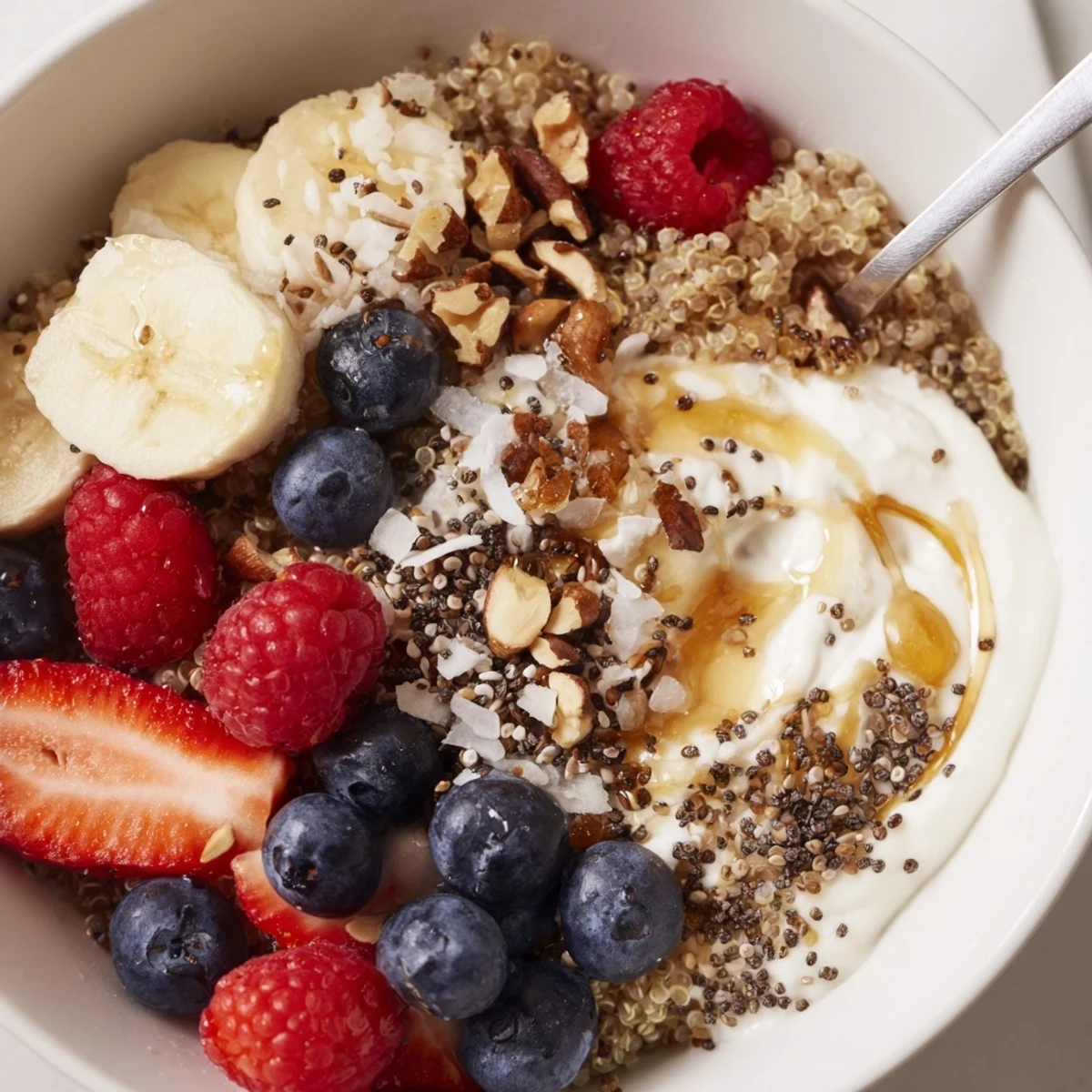 Quinoa Breakfast Bowl with fluffy quinoa, ripe berries, and creamy yogurt drizzle