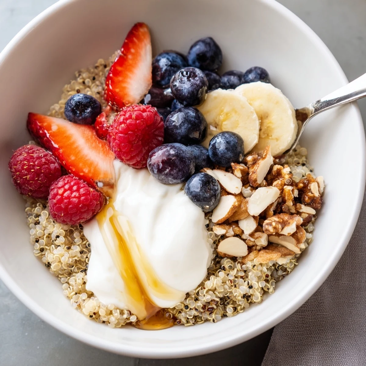Protein-packed Quinoa Breakfast Bowl bursting with berries, banana, and shredded coconut