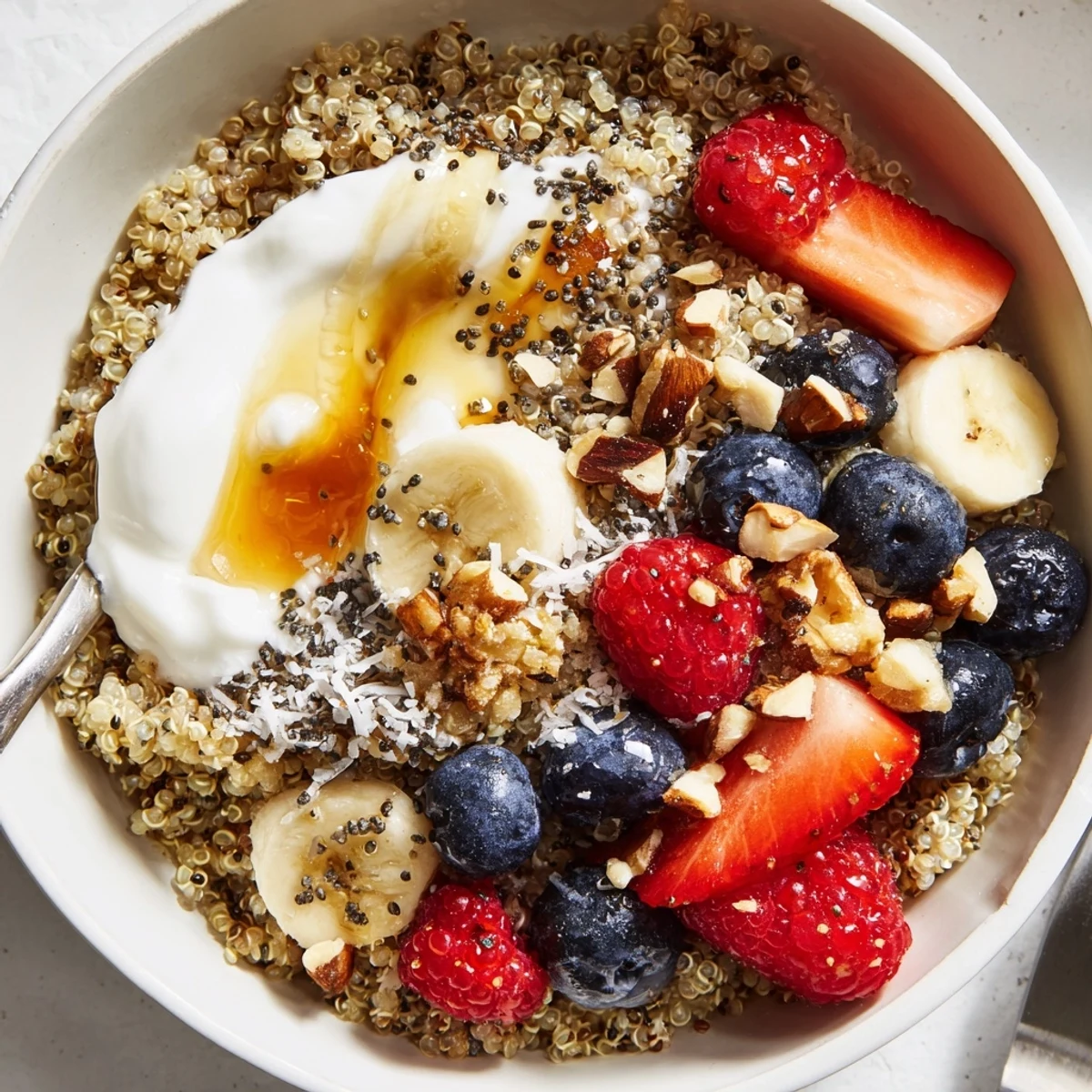 Warm Quinoa Breakfast Bowl topped with sliced banana, crunchy nuts, and honey