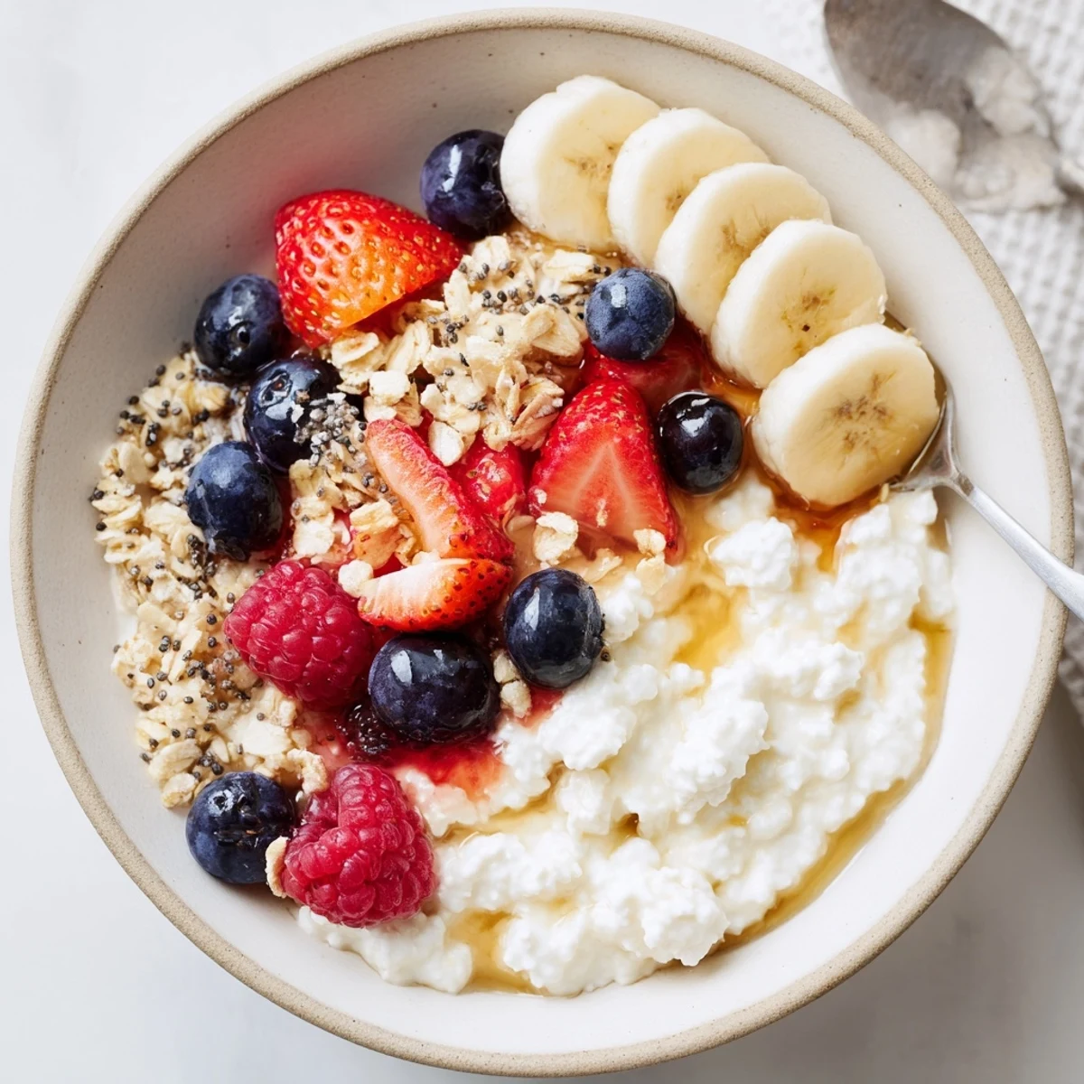 Creamy Cottage Cheese Breakfast Bowl topped with berries, granola, and honey.
