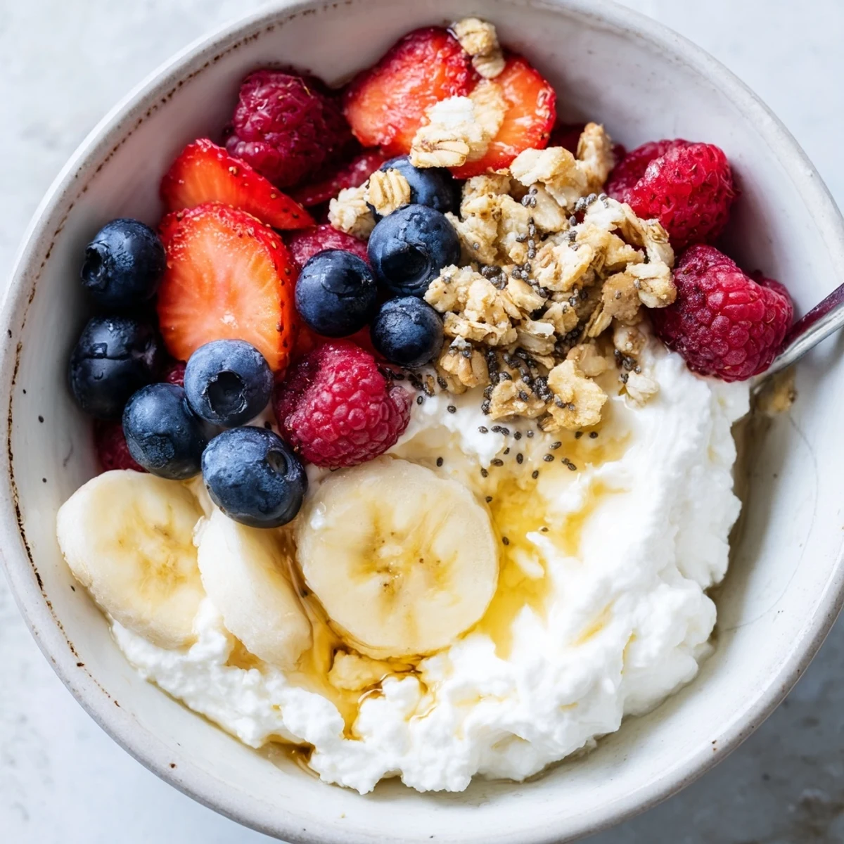 Bright Cottage Cheese Breakfast Bowl layered with berries, banana, and honey drizzle.