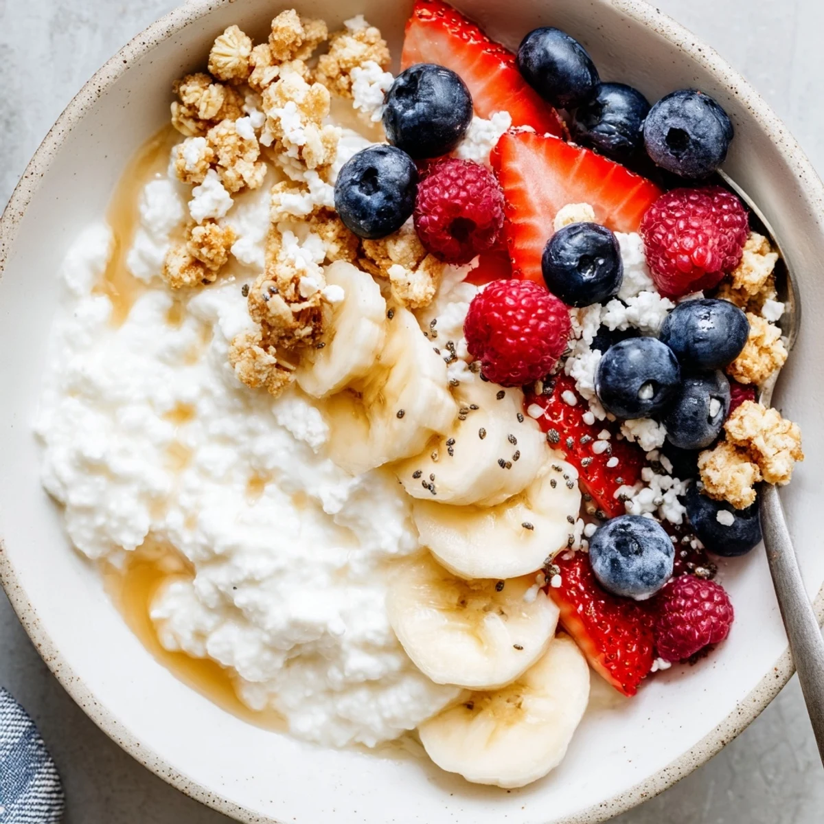 Easy Cottage Cheese Breakfast Bowl served with spoon, ready to enjoy immediately.