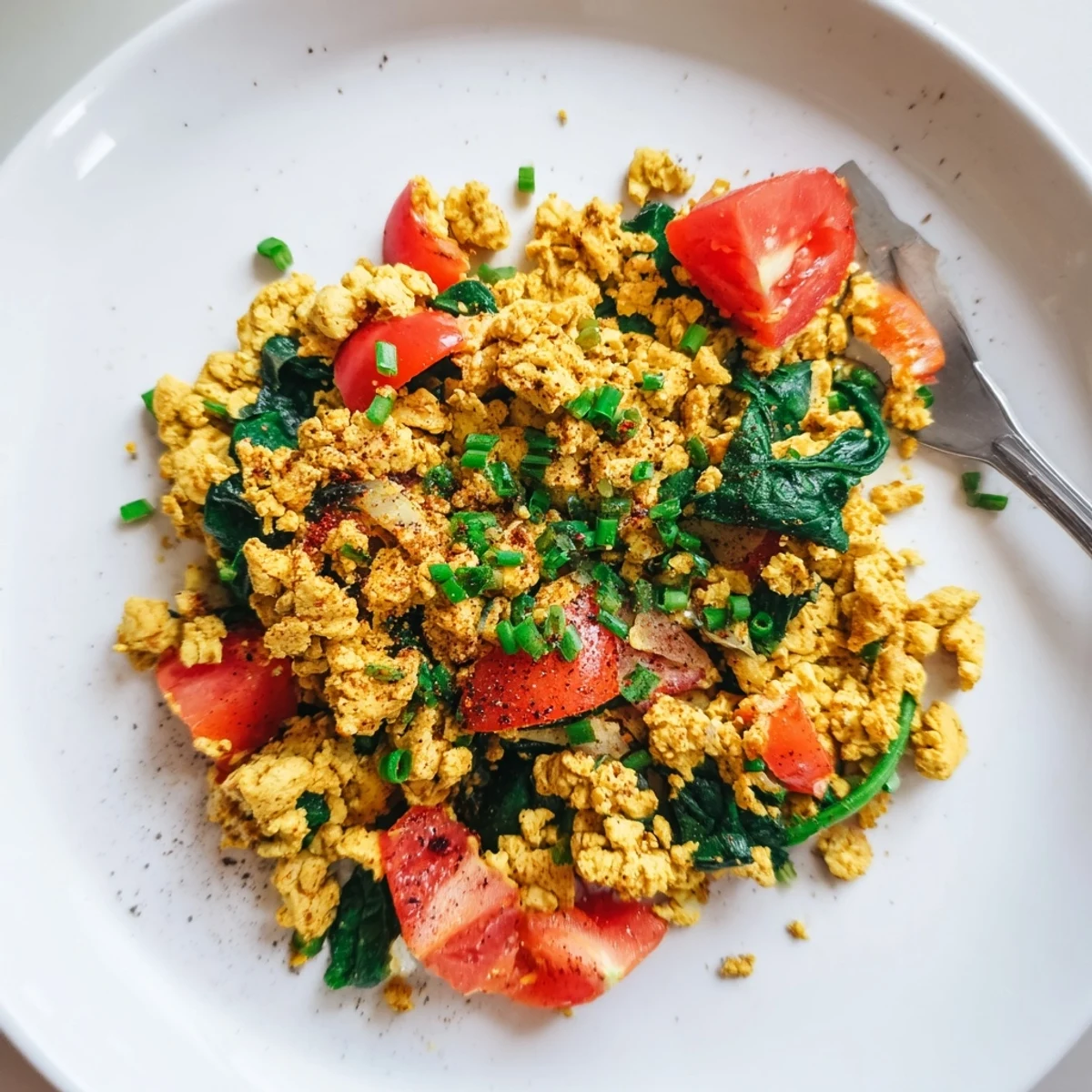 Tofu Scramble steaming in skillet with turmeric golden curds and wilted spinach