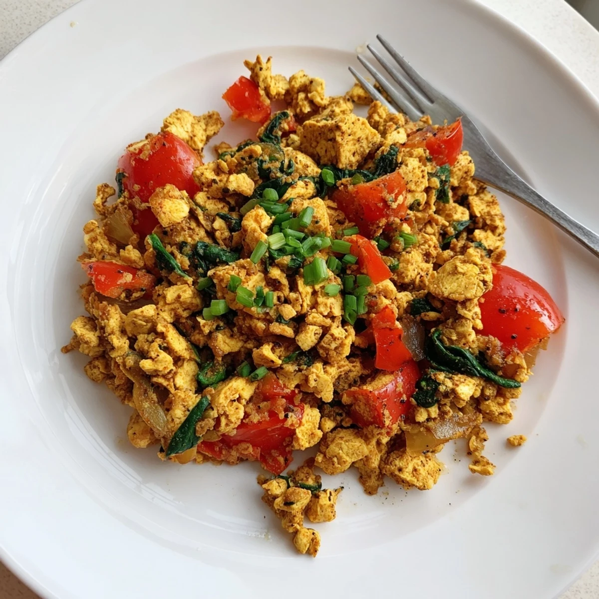 Savory Tofu Scramble sizzled with cumin and garlic, served hot with toast