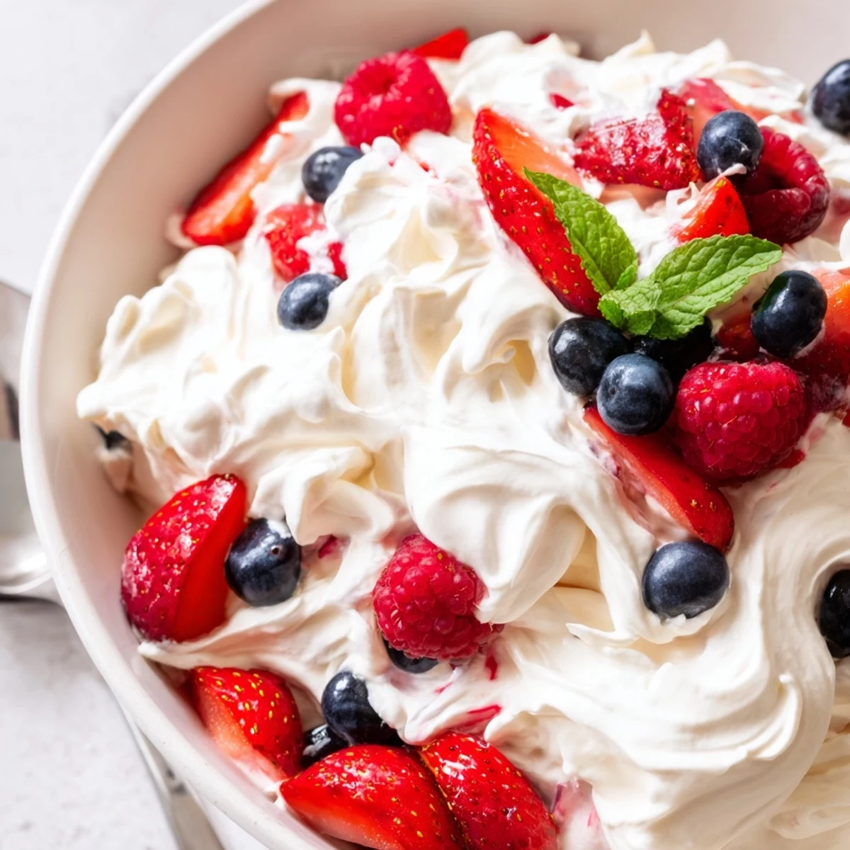 Chilled Red White Blue Cheesecake Salad piled with glossy berries and mint