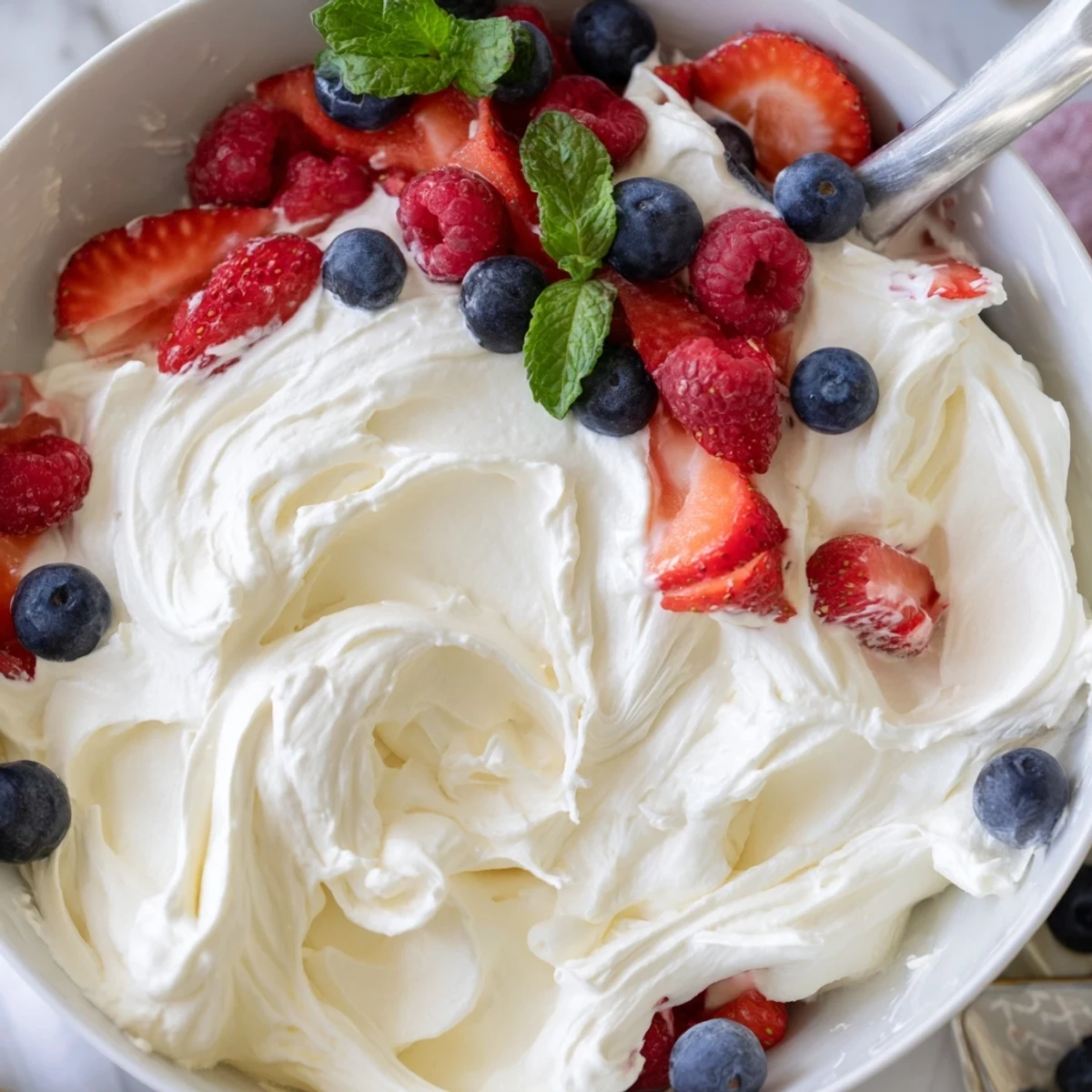 Creamy Red White Blue Cheesecake Salad spooned into glasses for summer potlucks