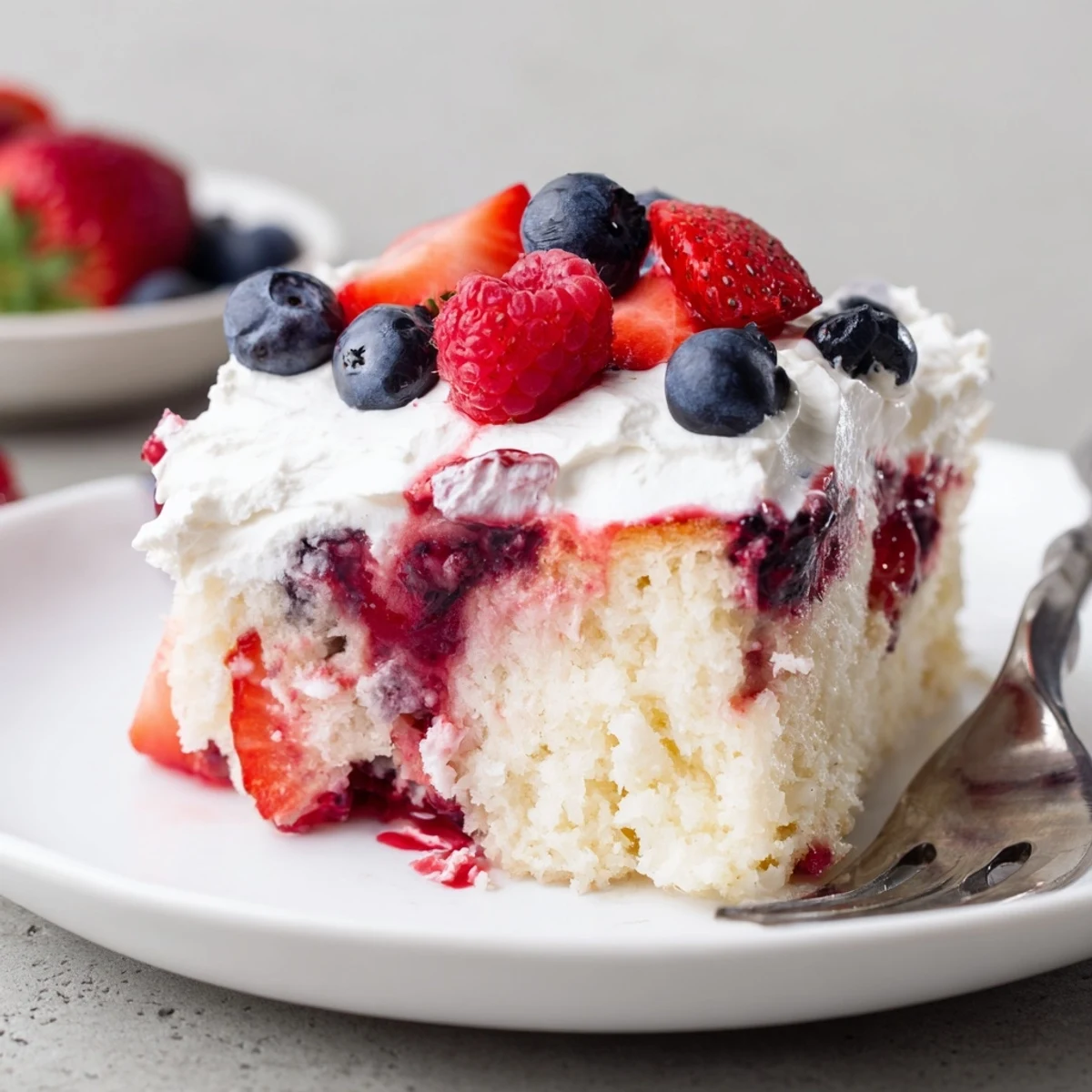 Summer Berry Poke Cake with glossy berry syrup and fluffy whipped cream