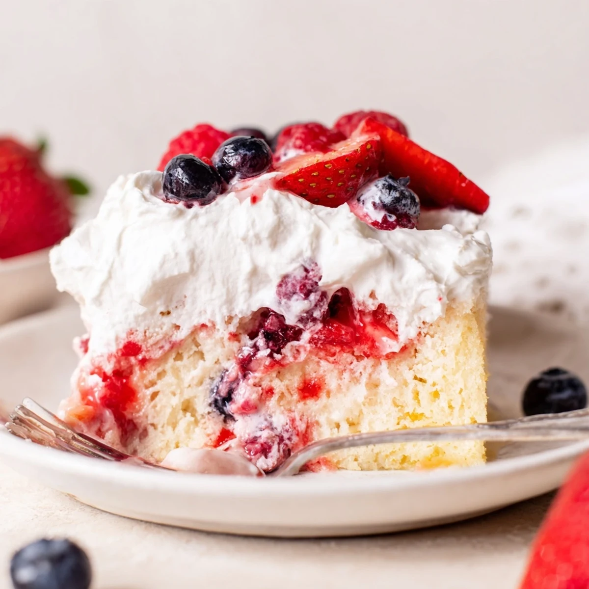 Sliced Summer Berry Poke Cake reveals syrup-soaked crumbs and pillowy whipped topping