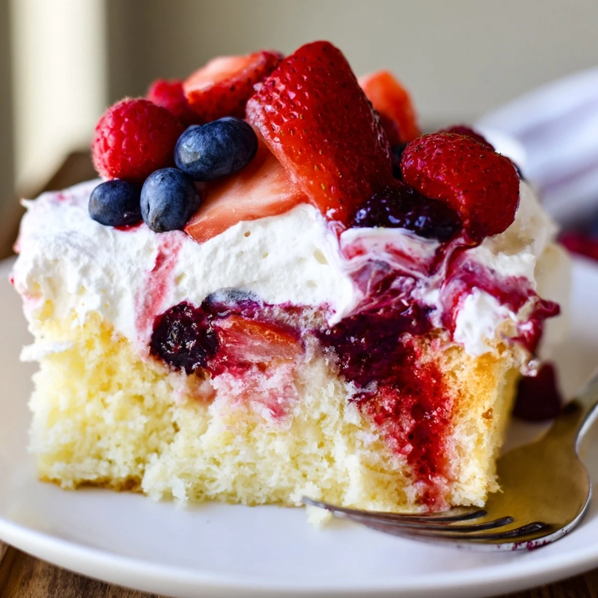 Chilled Summer Berry Poke Cake topped with fresh strawberries, blueberries, and raspberries