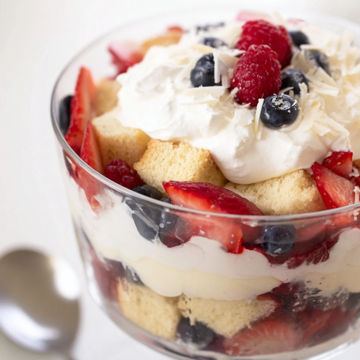 Red White And Blue Trifle layered with fluffy cake, creamy pudding, fresh berries