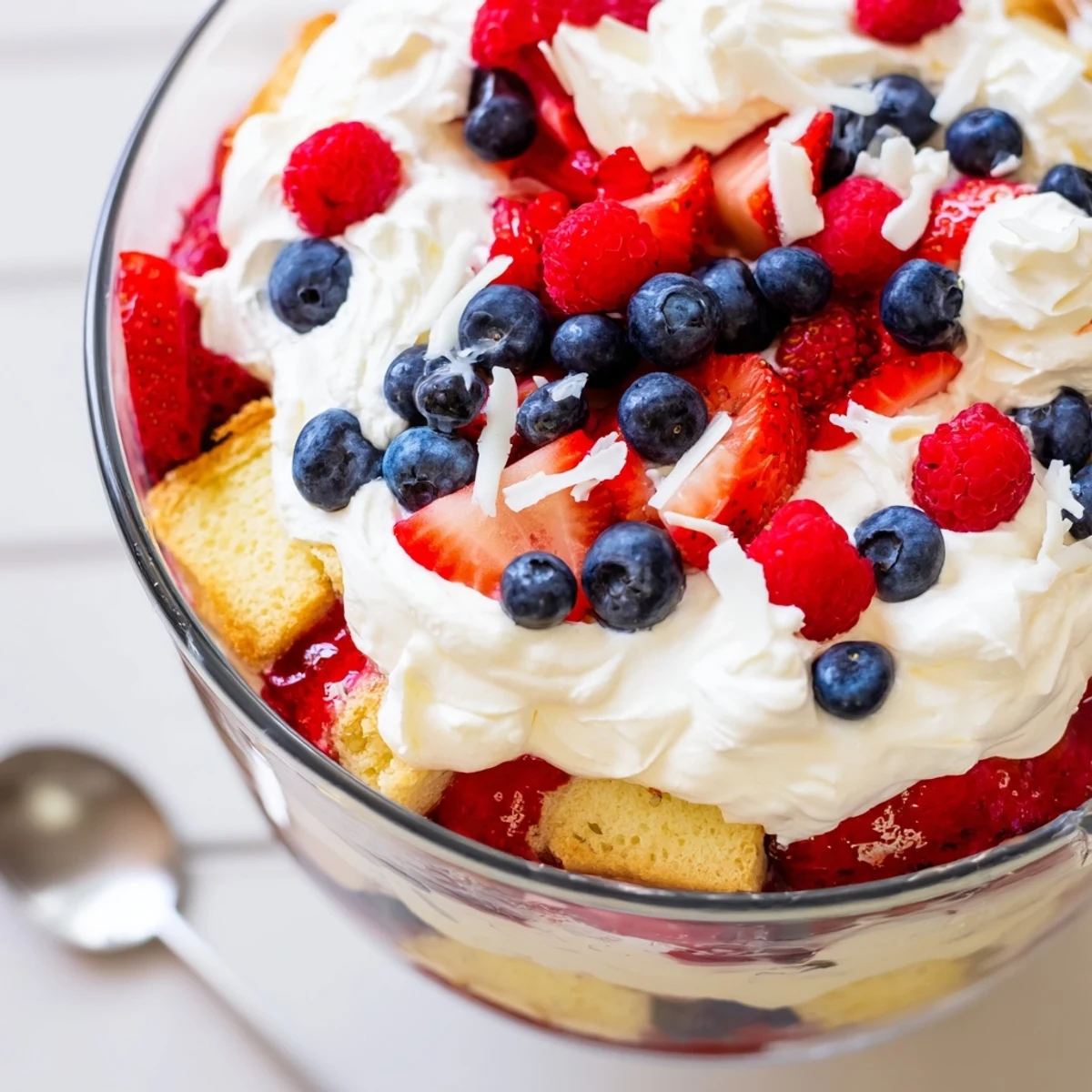 Chilled Red White And Blue Trifle in glass bowl topped with whipped cream