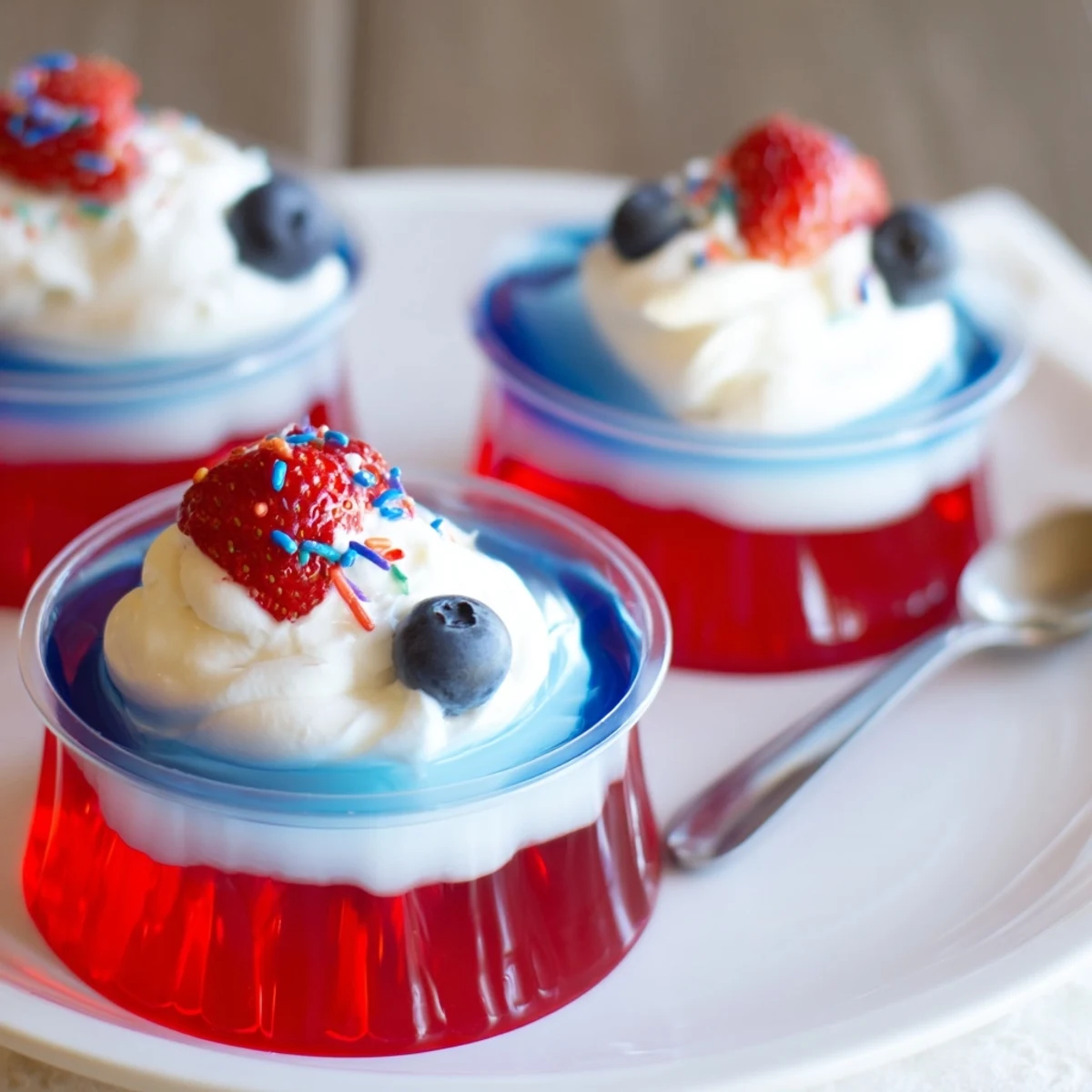 Red White And Blue Jello Cups on a picnic table, glossy layered dessert