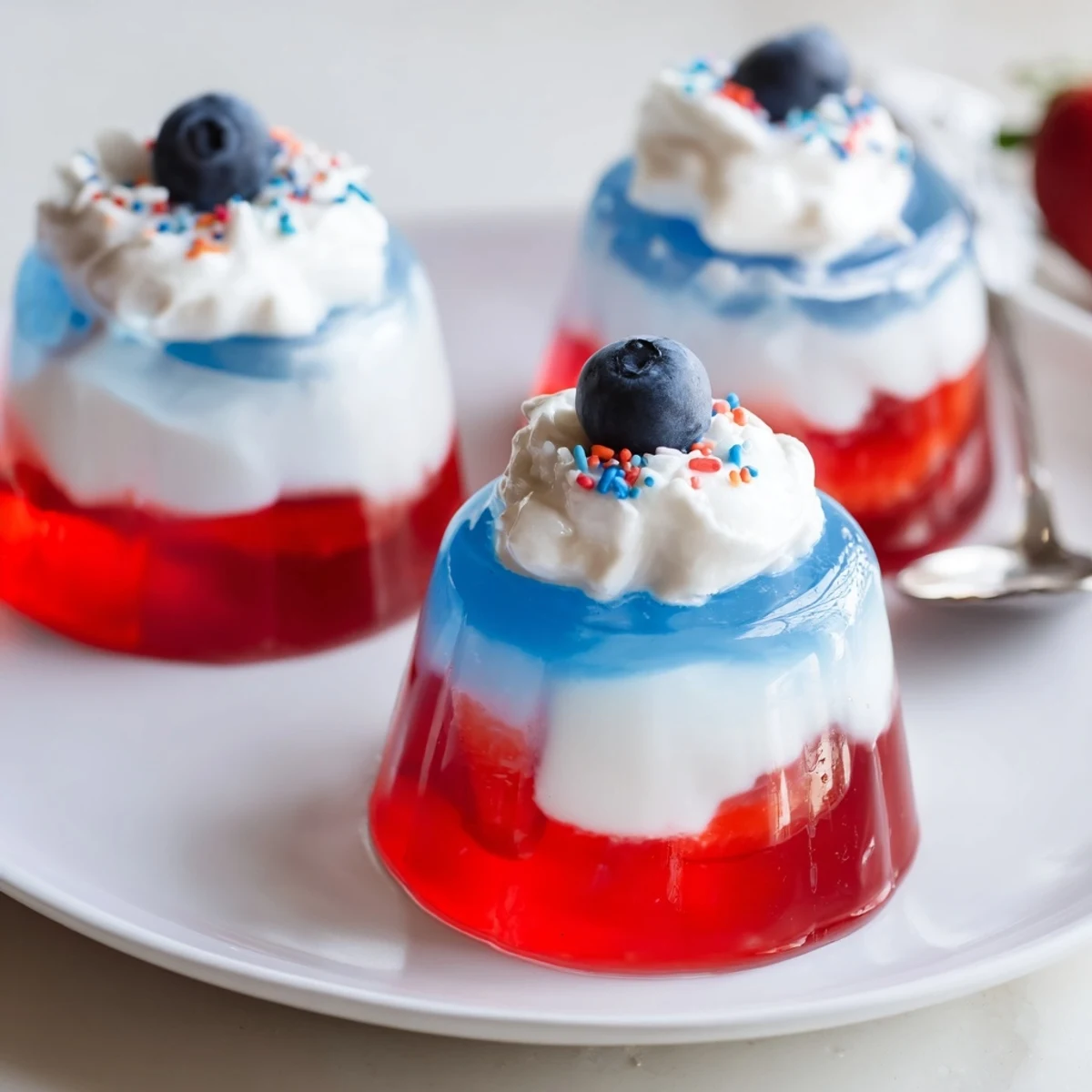 Clear serving cups display Red White And Blue Jello Cups, wobbly, bright layers