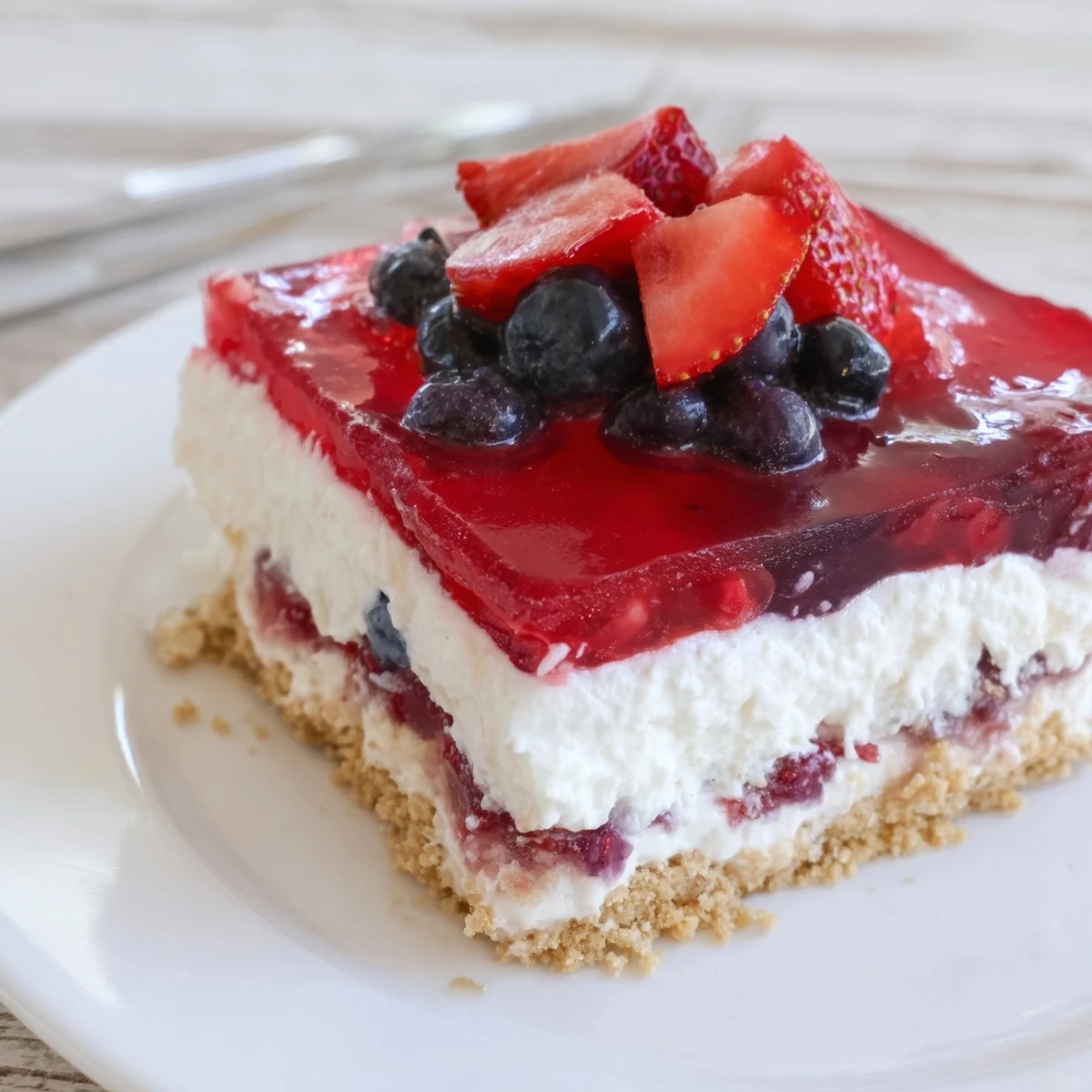 Summer Berry Jello Lasagna glistening with vibrant berries, chilled creamy layers sliced