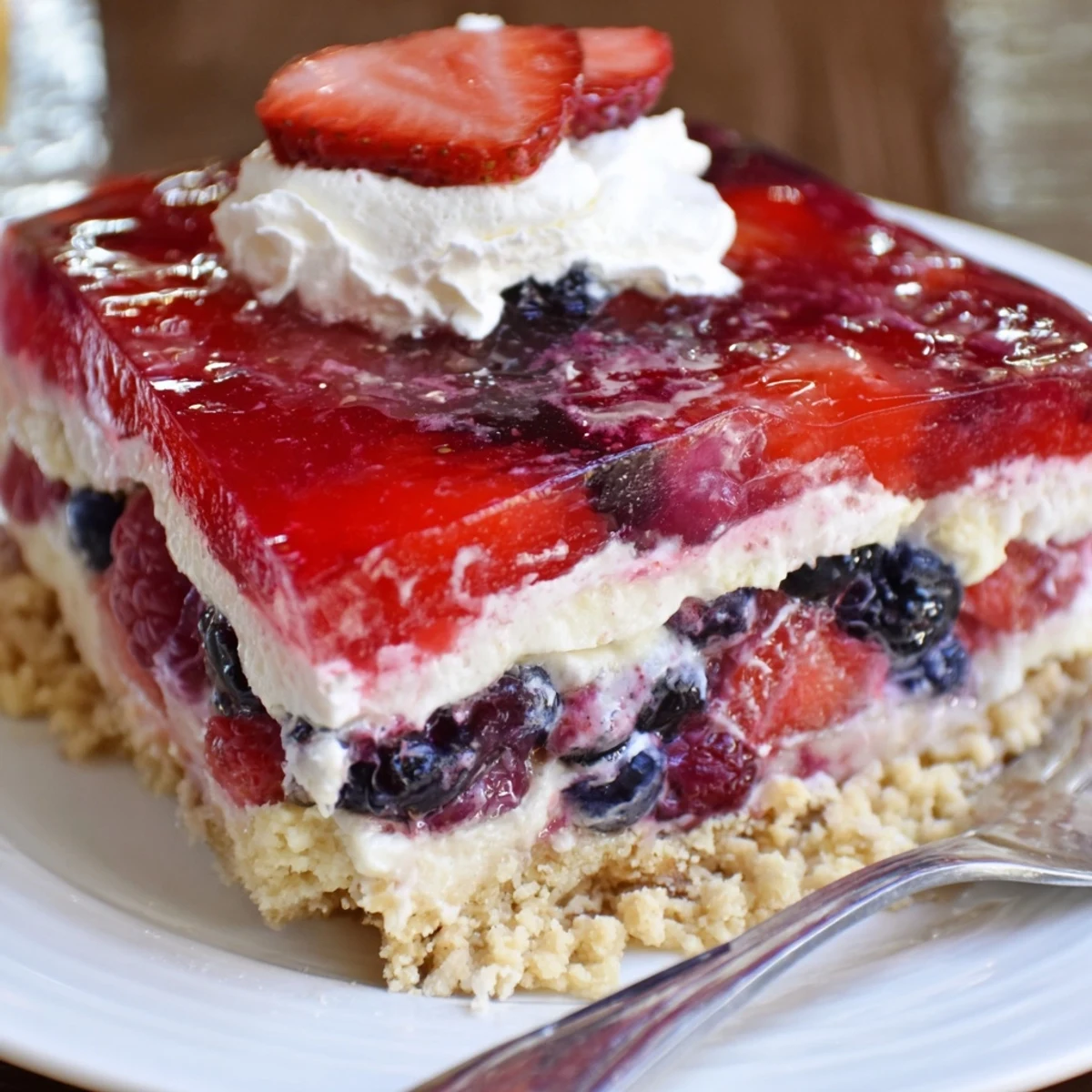 Chilled Summer Berry Jello Lasagna on glass dish, perfect picnic dessert
