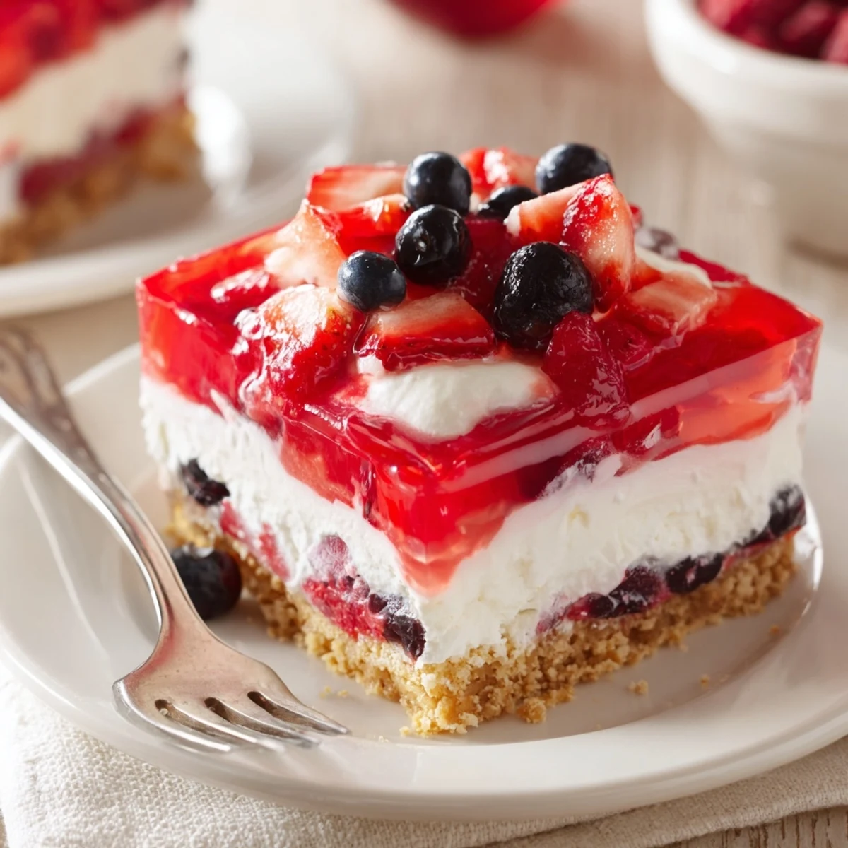 Fork-ready Summer Berry Jello Lasagna layered with graham crust and whipped topping