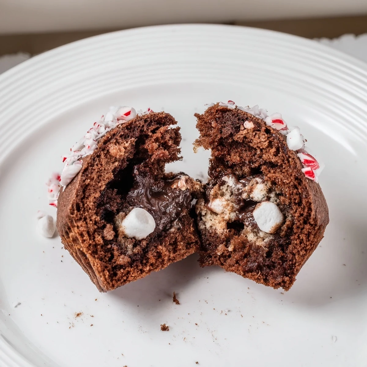 Peppermint Hot Chocolate Muffins warm from oven, chocolate chips melting, crushed peppermint.